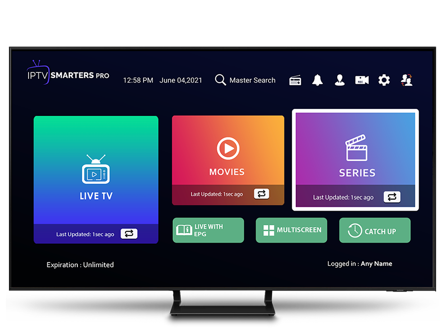 Interface do teste IPTV mostrando canais ao vivo, filmes e séries organizados em categorias